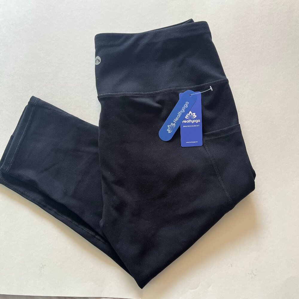 HealthYoga High Waisted Capri Leggings, Black w/Pockets, Size XL, NWT